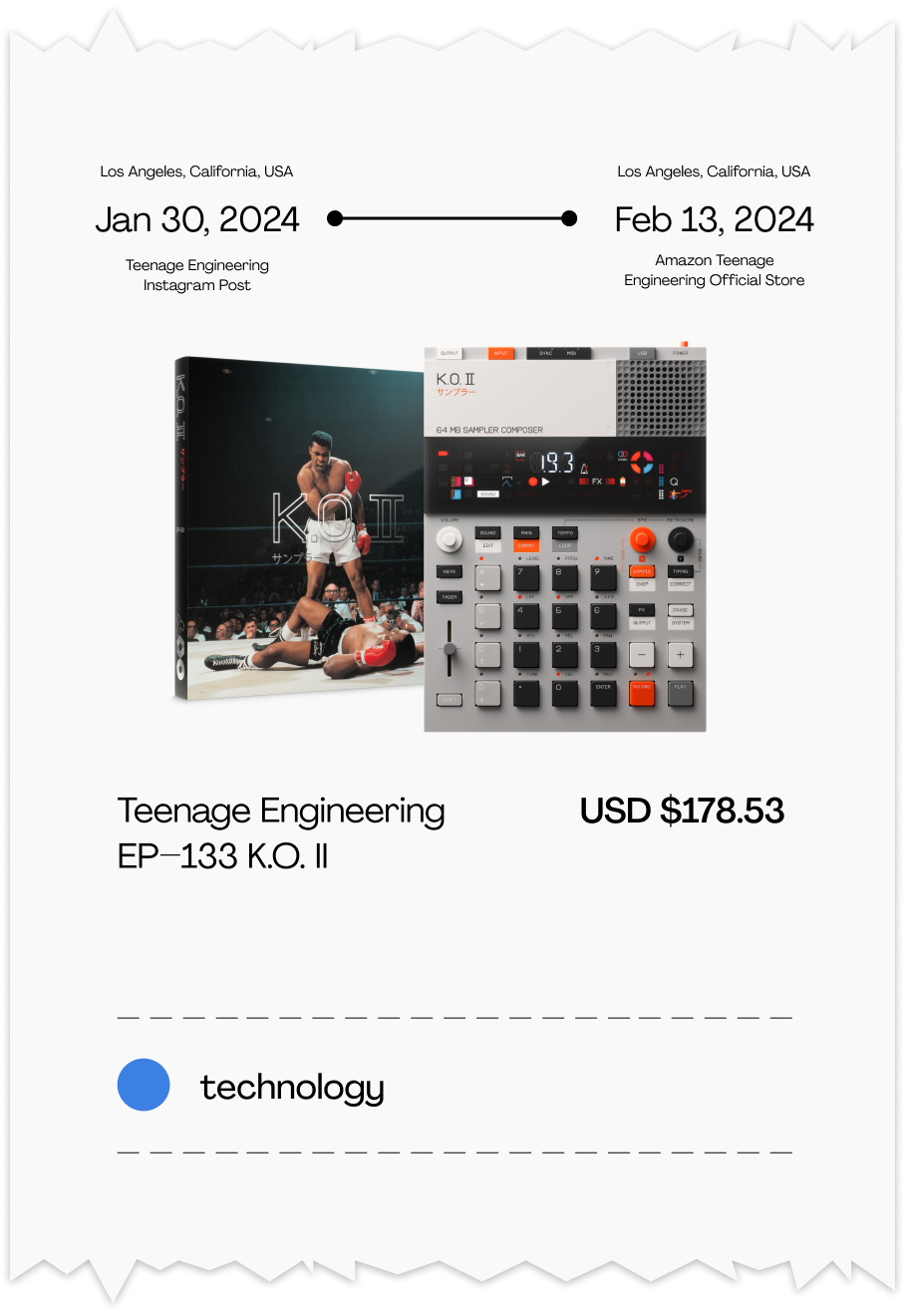 Product detail card showing Teenage Engineering EP-133 K.O. II with purchase timeline from discovery to purchase